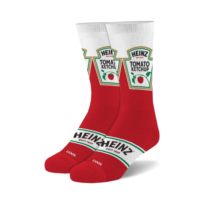 red and white crew socks with heinz ketchup bottle pattern. for men and women.   