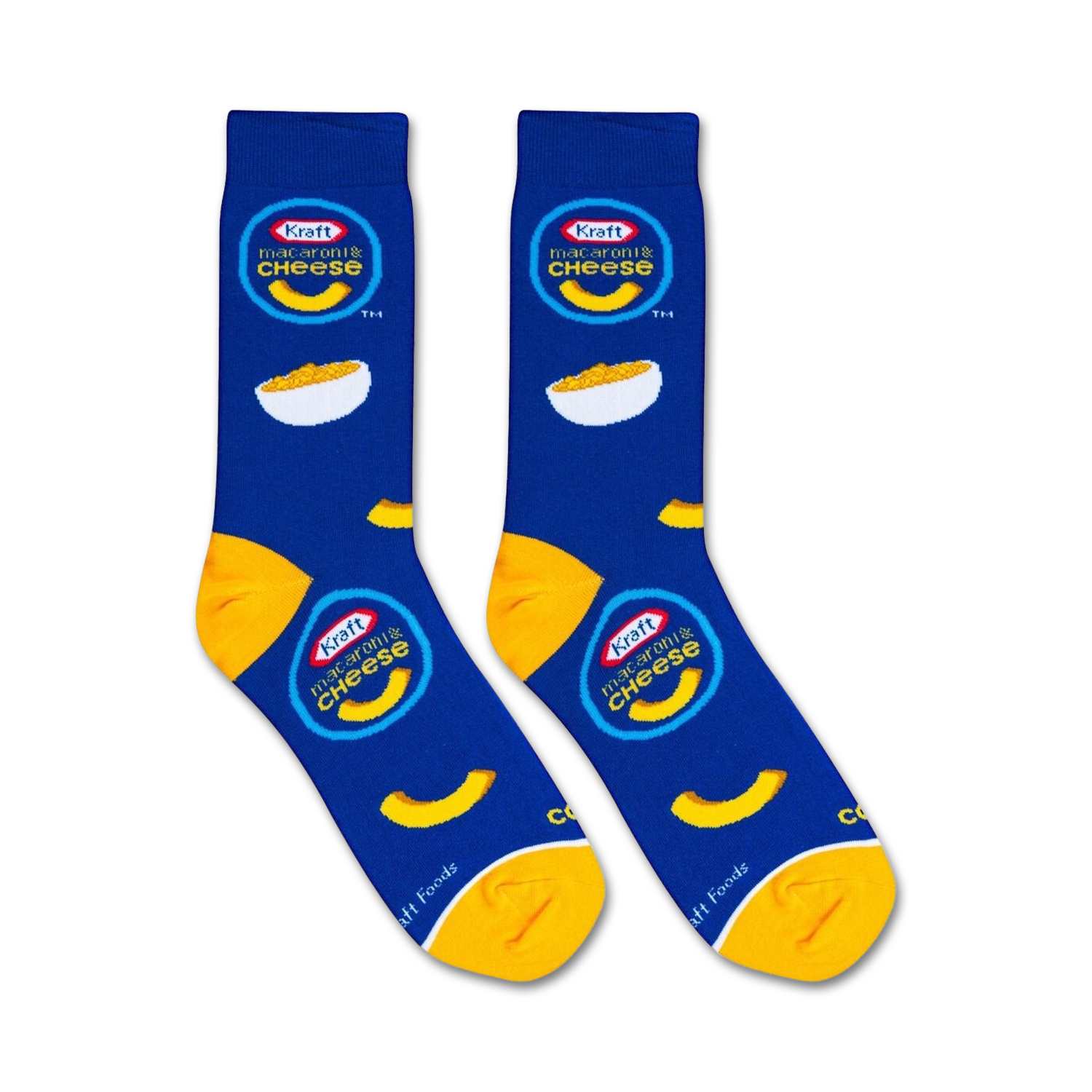 Flat lay showcasing two Kraft Mac & Cheese socks, highlighting their design and color.