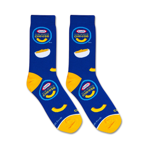 A blue sock with a pattern of yellow macaroni noodles and the Kraft Macaroni & Cheese logo.