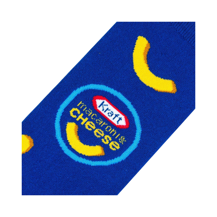 Close-up detail shot of the Kraft Macaroni & Cheese logo on the sock.