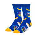 Pair of blue crew socks with the Kraft Mac & Cheese logo and macaroni graphics. Yellow and white accents.