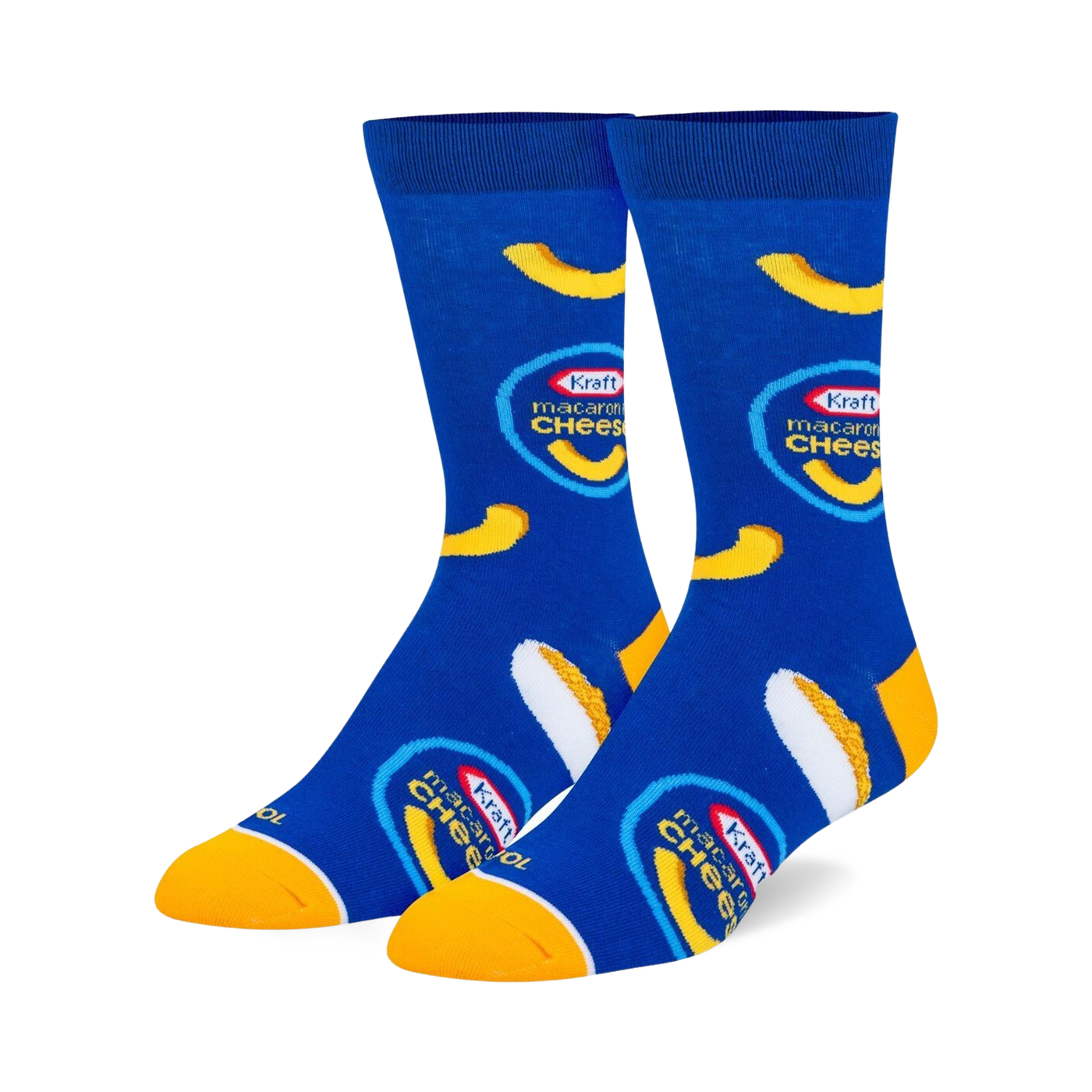 Pair of blue crew socks with the Kraft Mac & Cheese logo and macaroni graphics. Yellow and white accents.