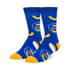 Pair of blue crew socks with the Kraft Mac & Cheese logo and macaroni graphics. Yellow and white accents.
