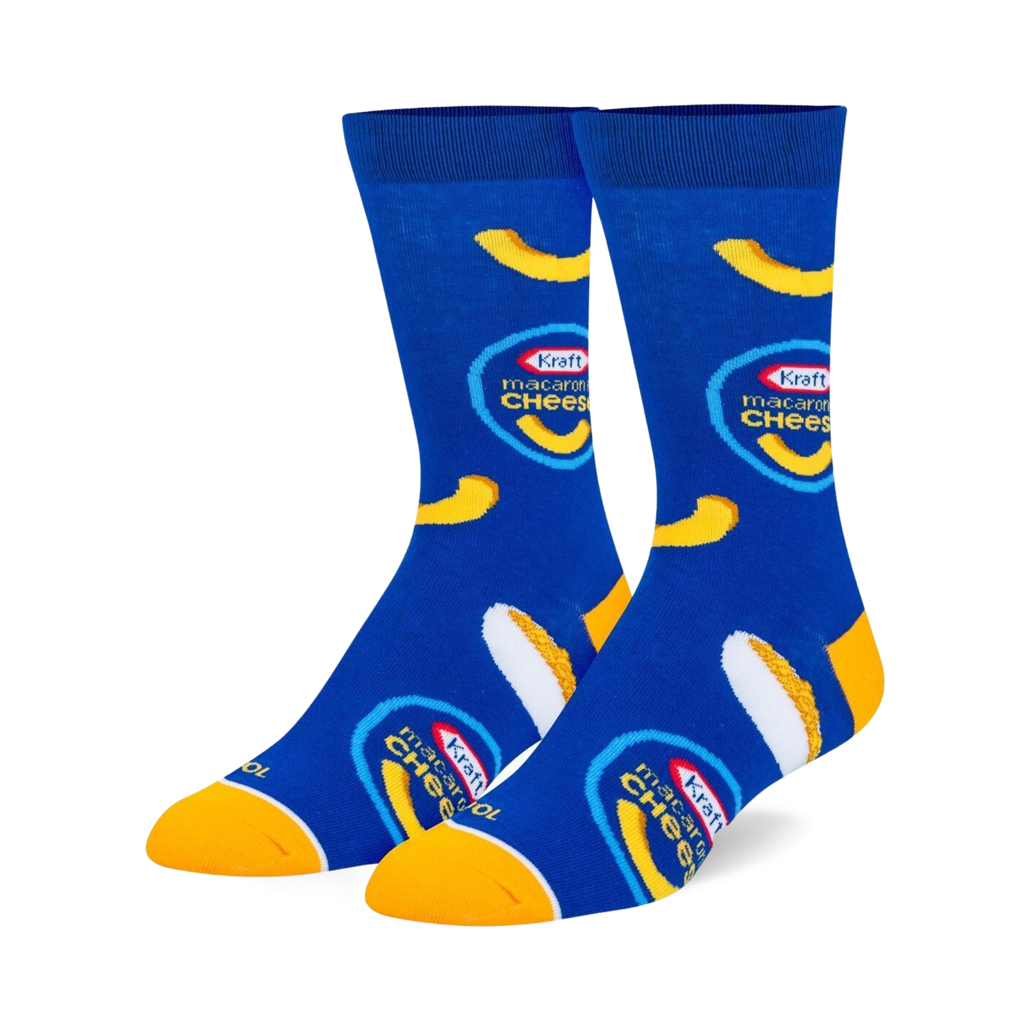 Pair of blue crew socks with the Kraft Mac & Cheese logo and macaroni graphics. Yellow and white accents.