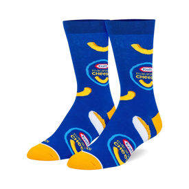 blue crew socks for men and women featuring a pattern of kraft mac & cheese boxes.   
