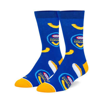 blue crew socks for men and women featuring a pattern of kraft mac & cheese boxes.   
