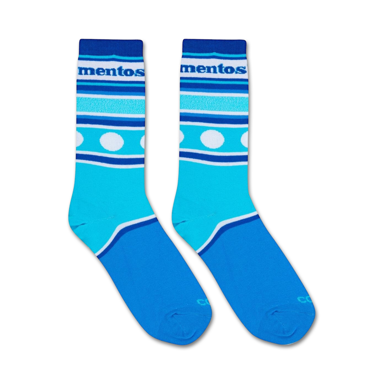 Flatlay showcasing a pair of Mentos Stripes socks, highlighting their vibrant colors and design.