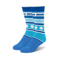 Pair of Mentos Stripes crew socks in teal and blue.  Features horizontal stripes, white polka dots, and the Mentos logo.