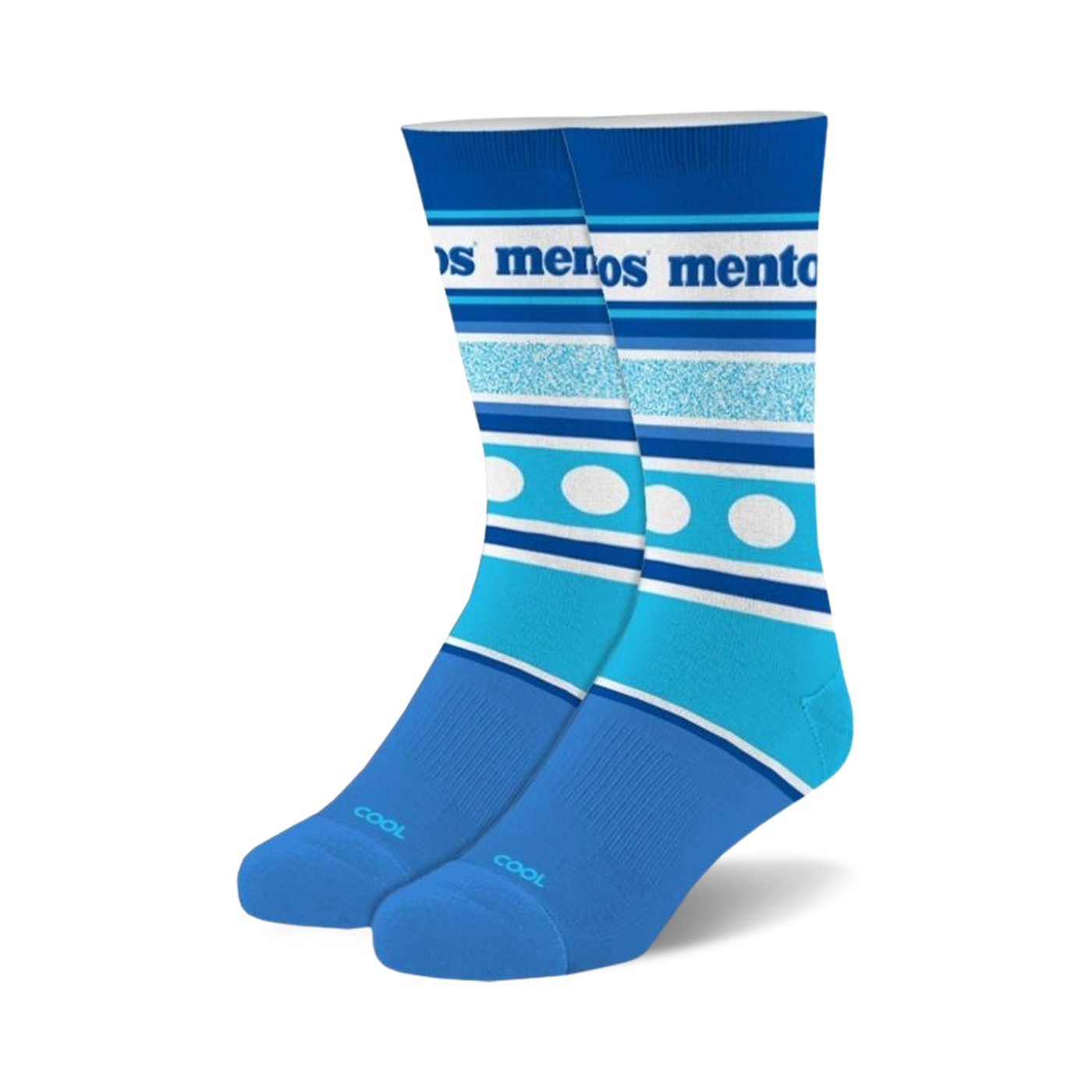 Pair of Mentos Stripes crew socks in teal and blue.  Features horizontal stripes, white polka dots, and the Mentos logo.