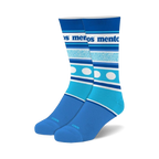 Pair of Mentos Stripes crew socks in teal and blue.  Features horizontal stripes, white polka dots, and the Mentos logo.