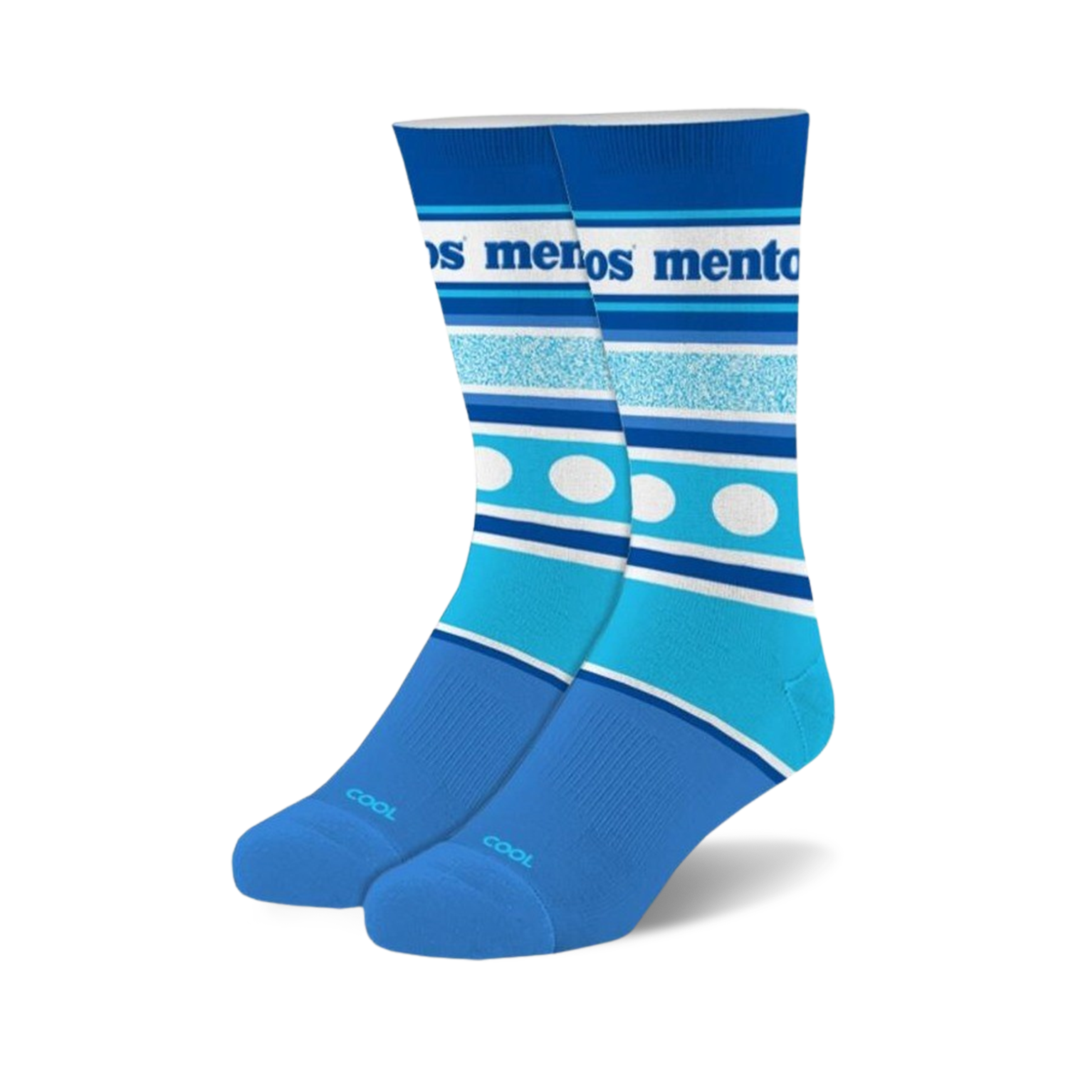 Pair of Mentos Stripes crew socks in teal and blue.  Features horizontal stripes, white polka dots, and the Mentos logo.