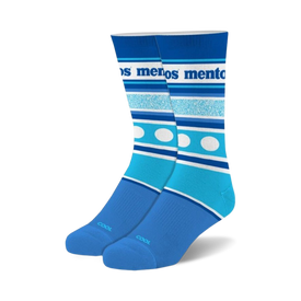 blue and white crew socks with white polka dots inspired by mentos candy.  
