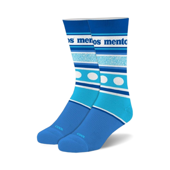 blue and white crew socks with white polka dots inspired by mentos candy.  