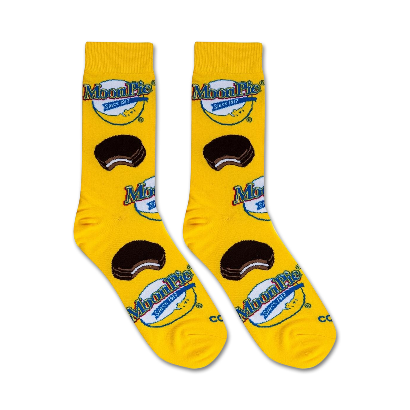 Flat lay product shot of two MoonPie socks against a white background.