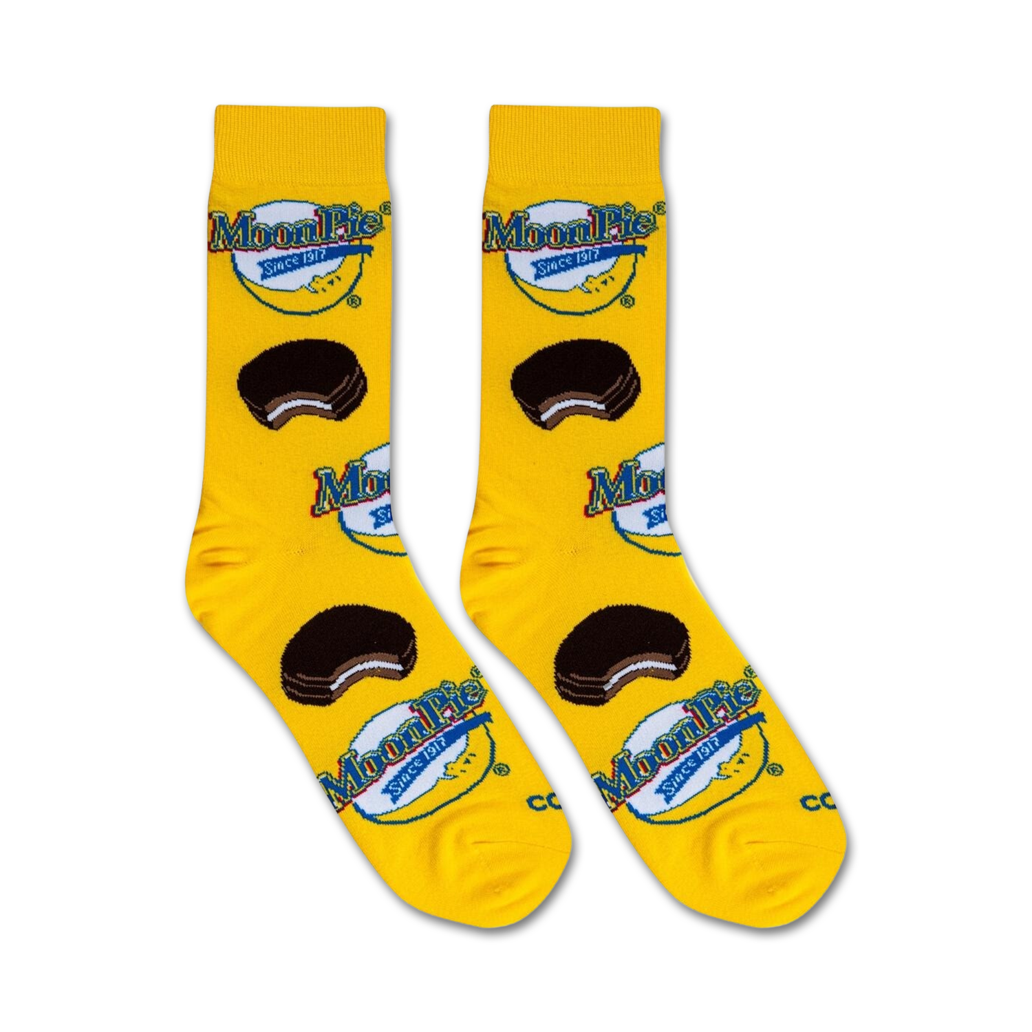 Flat lay product shot of two MoonPie socks against a white background.
