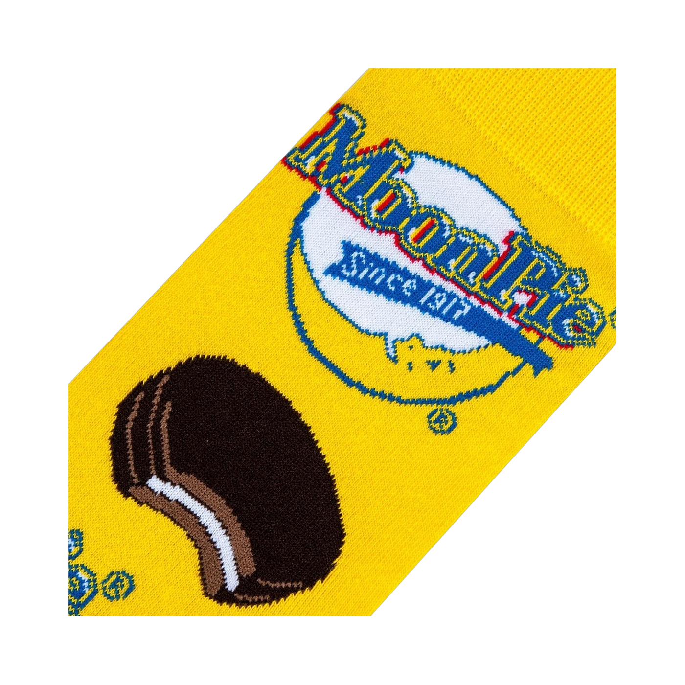 Close-up detail shot of the MoonPie sock fabric, showcasing the logo and cookie details.