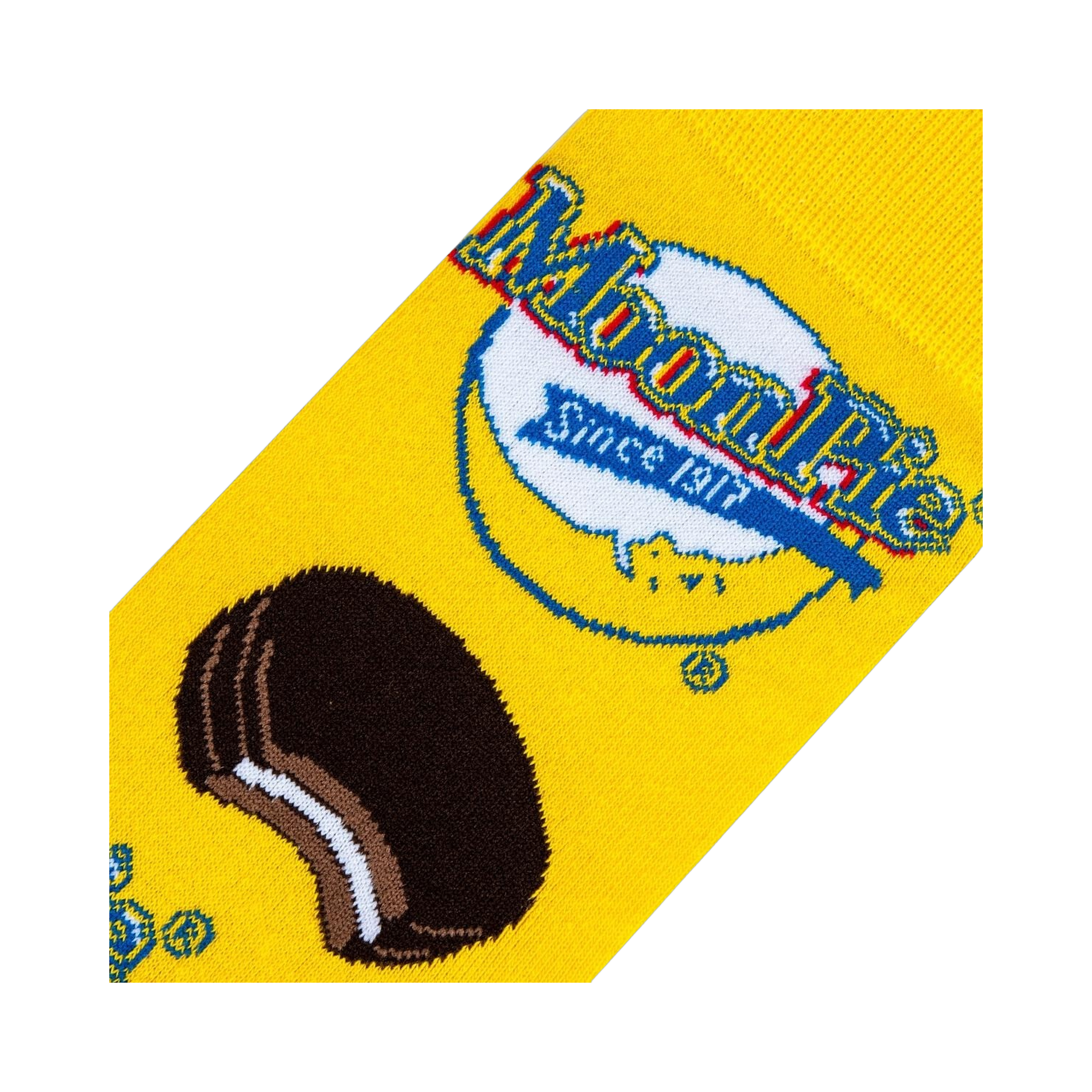Close-up detail shot of the MoonPie sock fabric, showcasing the logo and cookie details.