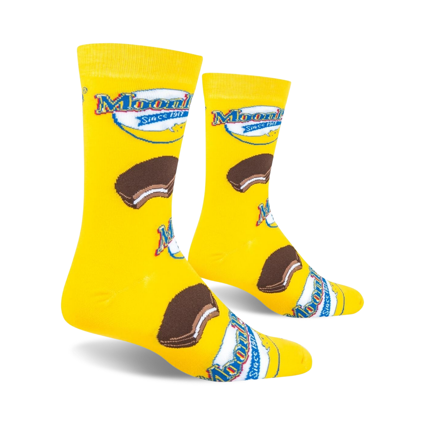 Lifestyle shot of two MoonPie socks on a black background.