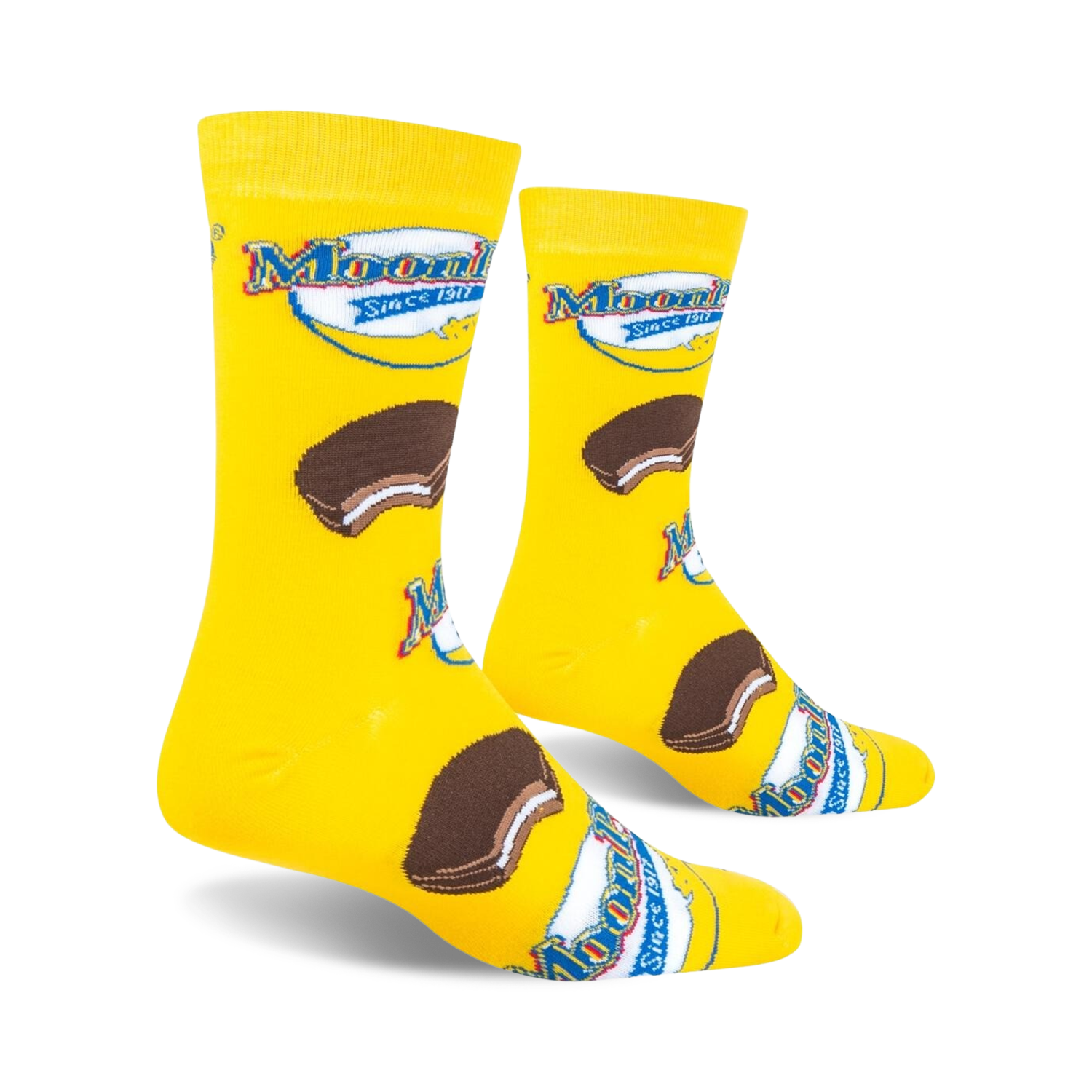 Lifestyle shot of two MoonPie socks on a black background.