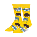 Pair of yellow crew socks with a MoonPie design. Features the MoonPie logo and images of the iconic chocolate-covered marshmallow sandwich cookie.