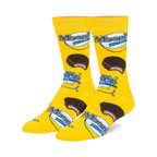 Pair of yellow crew socks with a MoonPie design. Features the MoonPie logo and images of the iconic chocolate-covered marshmallow sandwich cookie.
