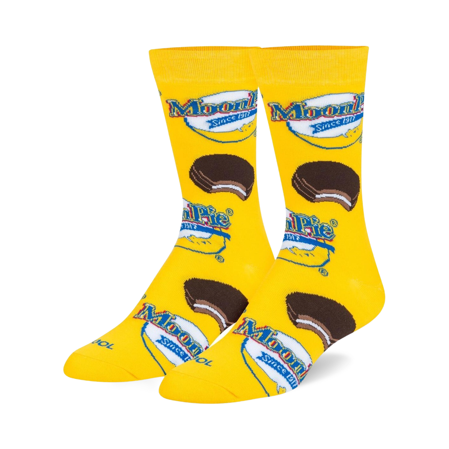 Pair of yellow crew socks with a MoonPie design. Features the MoonPie logo and images of the iconic chocolate-covered marshmallow sandwich cookie.