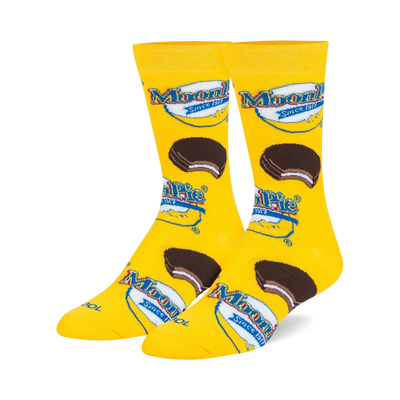 yellow crew socks for men and women feature all-over moon pie pattern.  