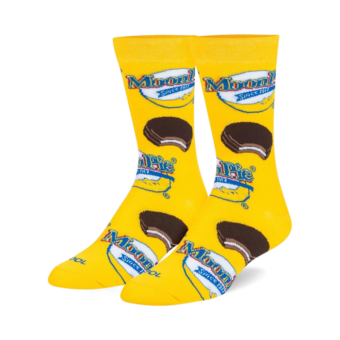 yellow crew socks for men and women feature all-over moon pie pattern.  