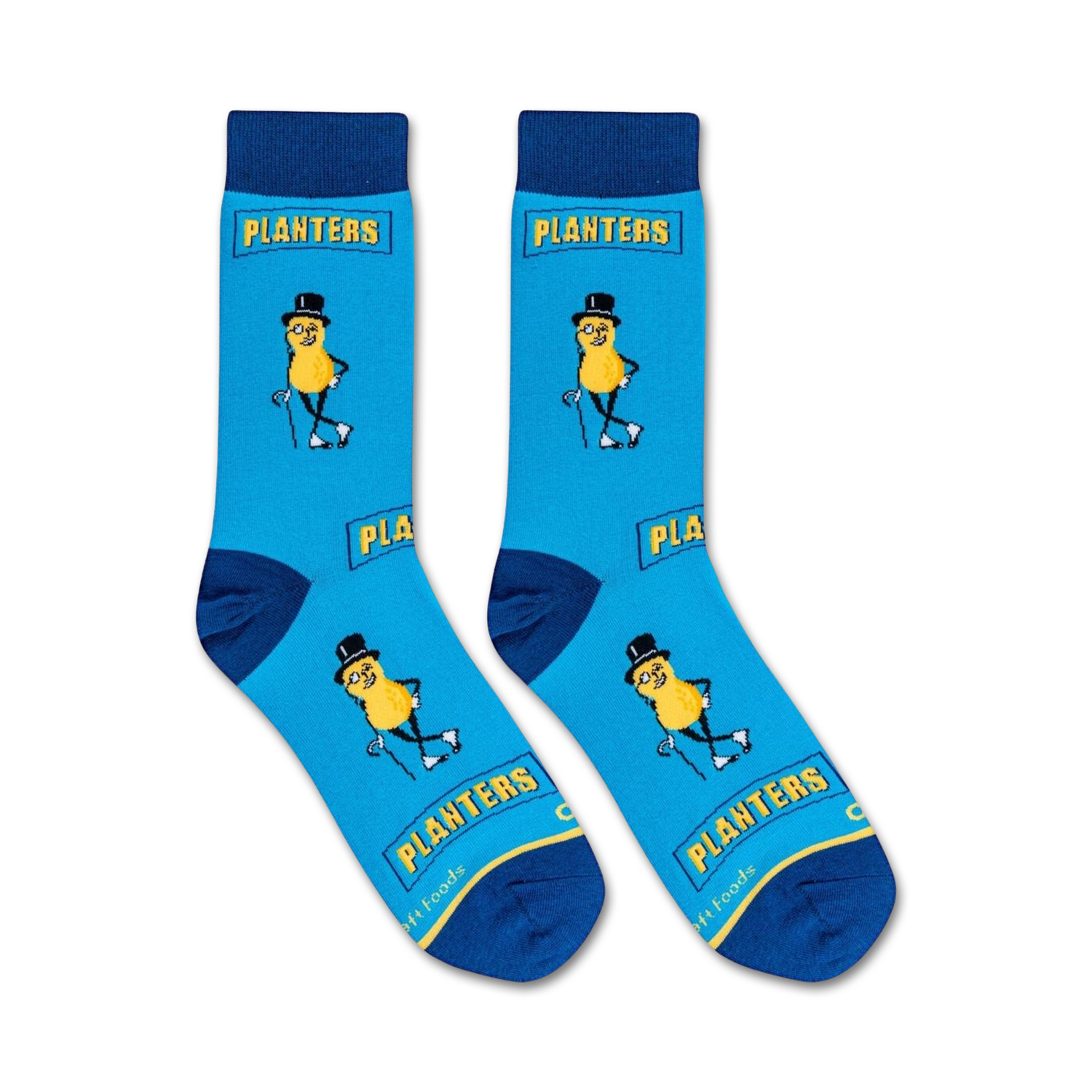 Flatlay showcasing two Planters Mr. Peanut socks on a white background.