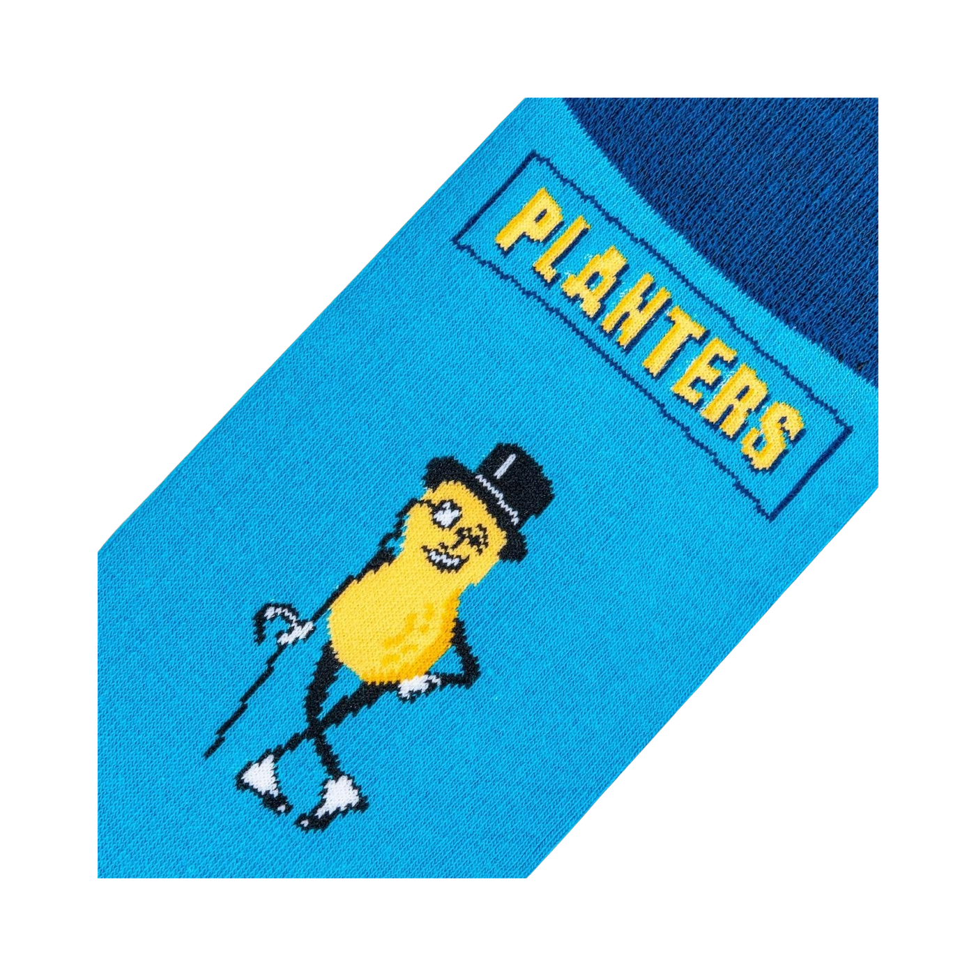 Close-up detail shot of a Planters Mr. Peanut sock, highlighting the character and logo.