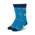 Pair of blue crew socks with the Planters Mr. Peanut character and logo. 
