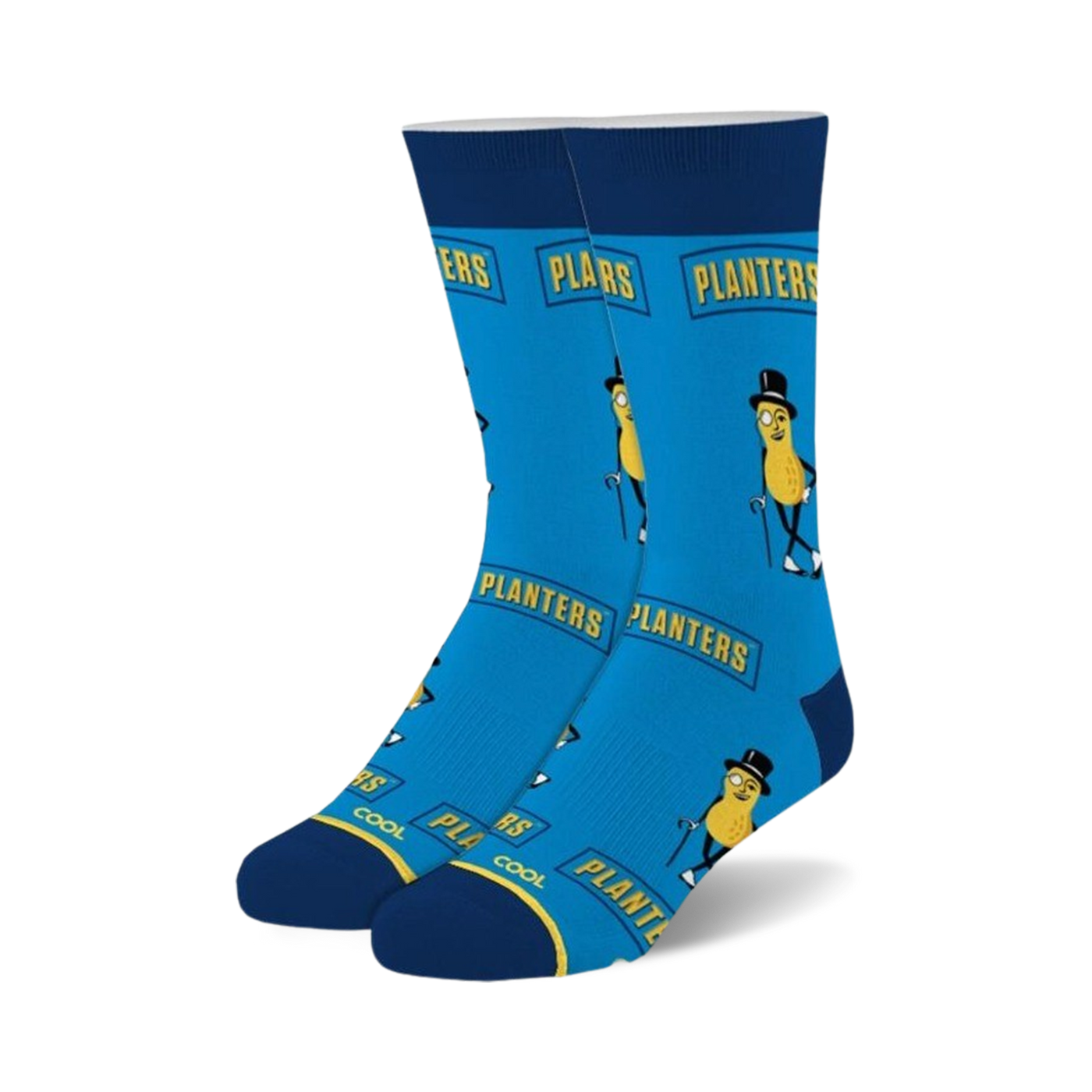 Pair of blue crew socks with the Planters Mr. Peanut character and logo. 