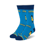 Pair of blue crew socks with the Planters Mr. Peanut character and logo. 