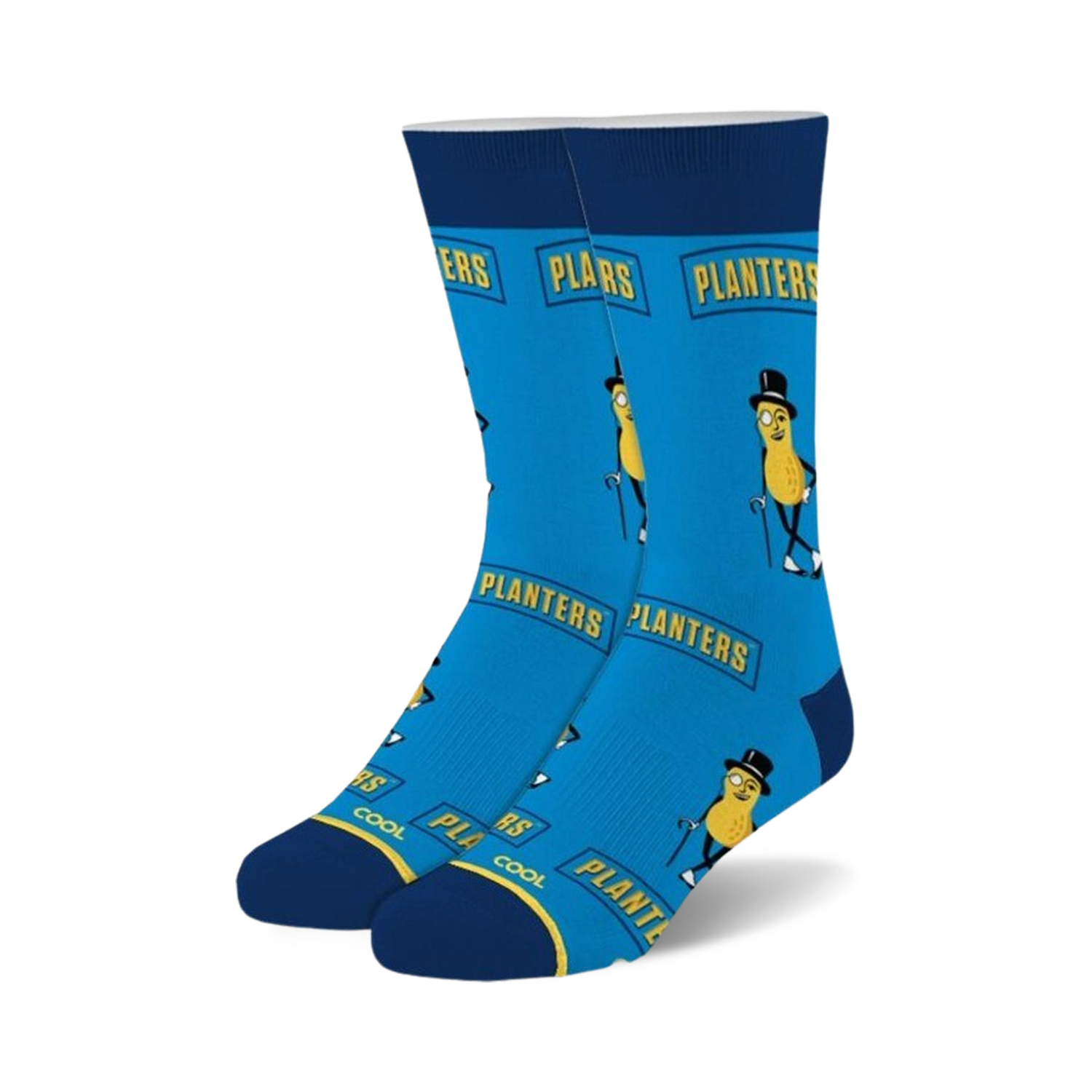 Pair of blue crew socks with the Planters Mr. Peanut character and logo. 