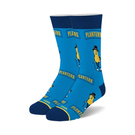 blue mr. peanut crew socks for men and women featuring the planters peanut mascot in top hat, monocle, cane.   