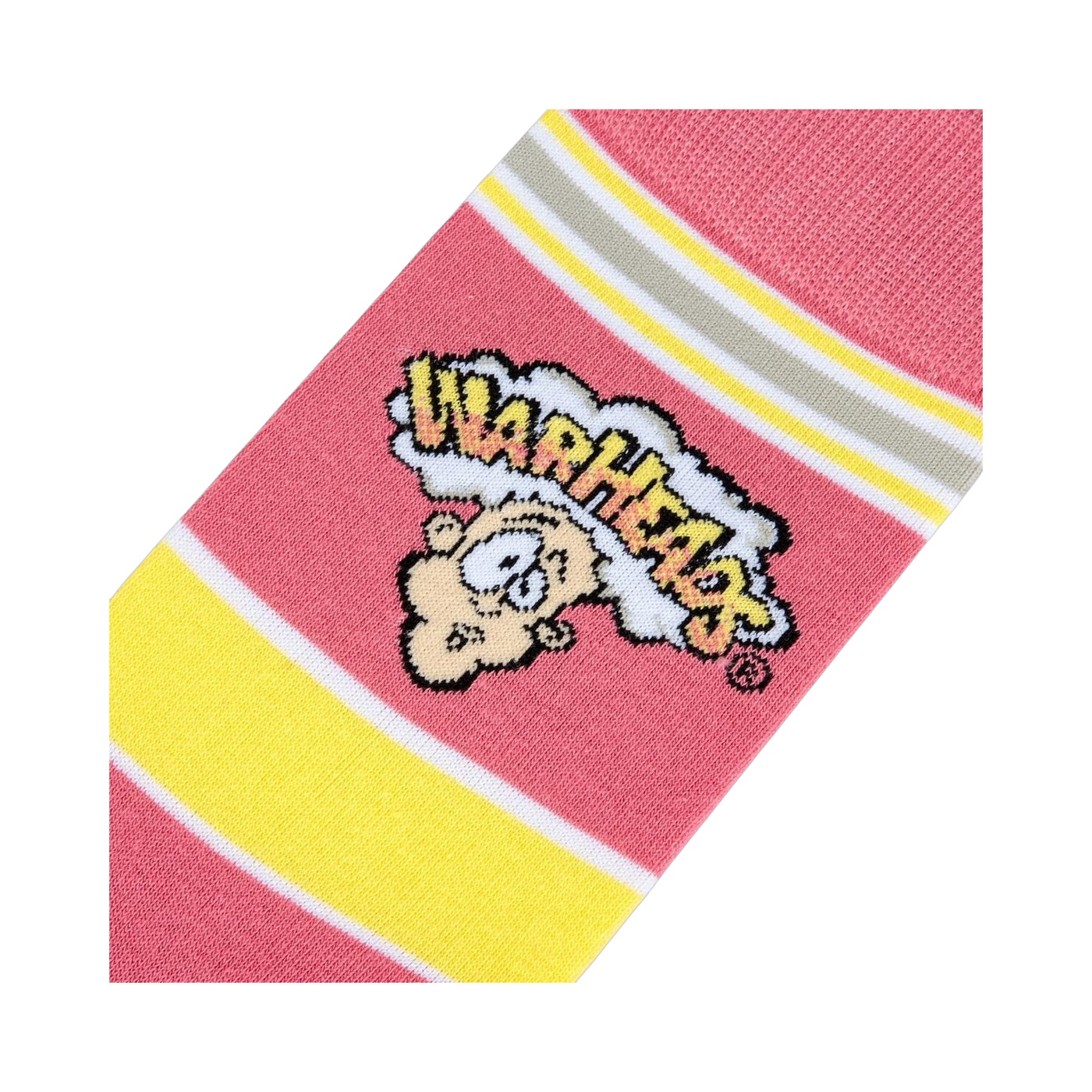 Close-up detail shot of the Warheads logo on the sock.
