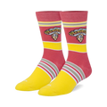 Pair of crew socks in pink and yellow with horizontal stripes and the Warheads candy logo.
