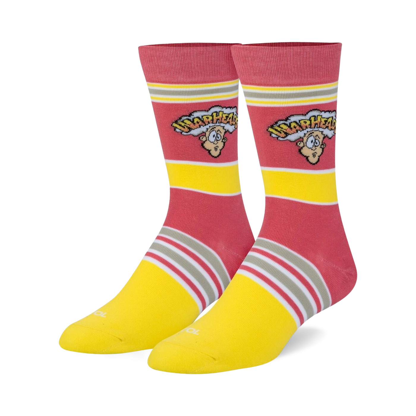Pair of crew socks in pink and yellow with horizontal stripes and the Warheads candy logo.