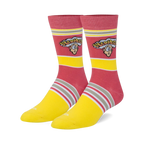 Pair of crew socks in pink and yellow with horizontal stripes and the Warheads candy logo.