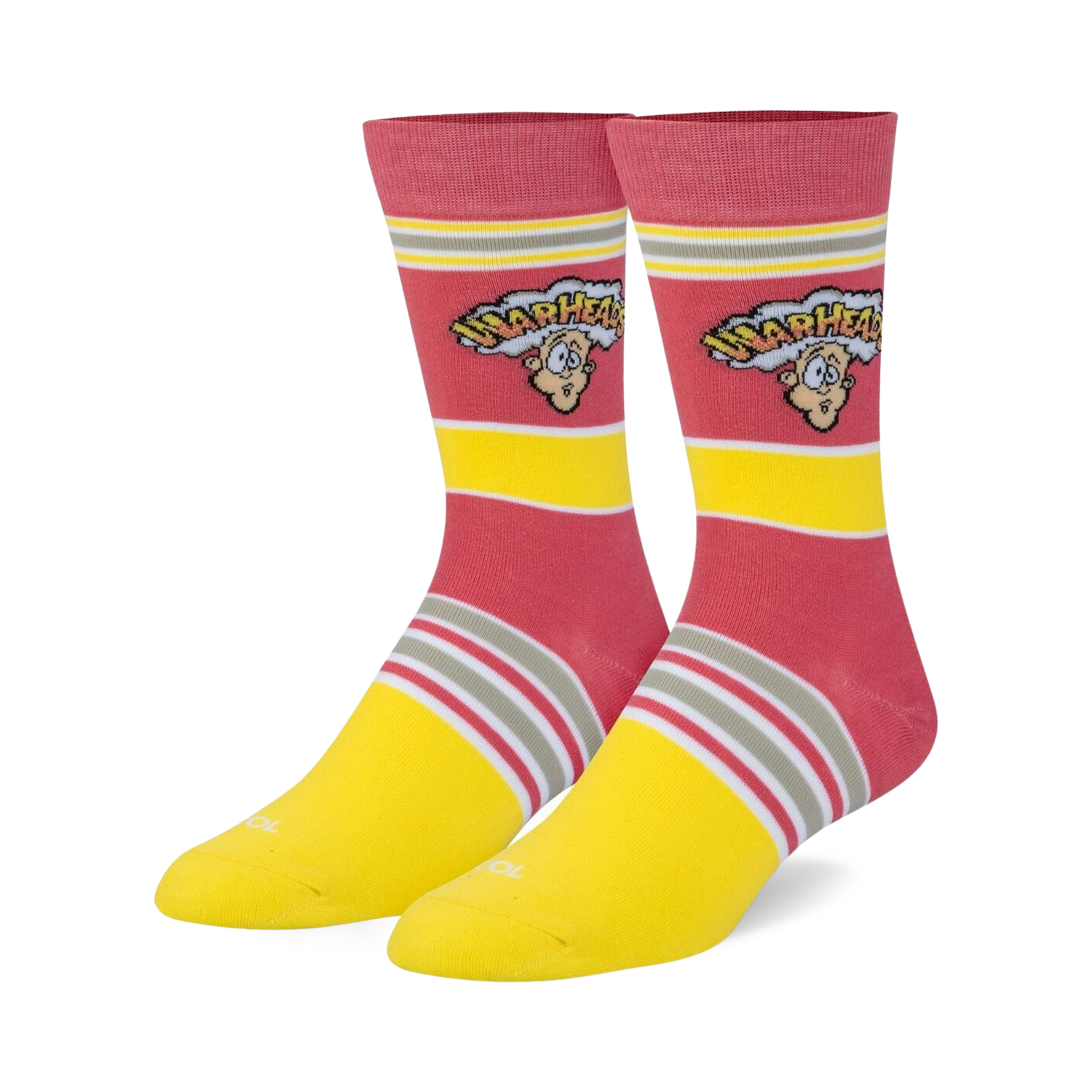Pair of crew socks in pink and yellow with horizontal stripes and the Warheads candy logo.