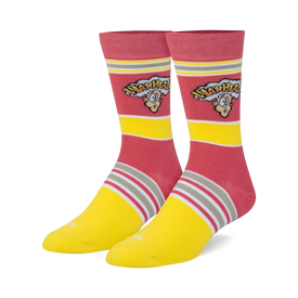 pink and yellow crew socks featuring warheads logo, reinforced toe and heel. unisex.   