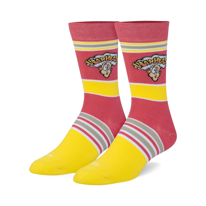 pink and yellow crew socks featuring warheads logo, reinforced toe and heel. unisex.   
