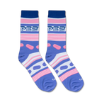 Flatlay showcasing a pair of Pez-themed crew socks with pink, white, and blue stripes.