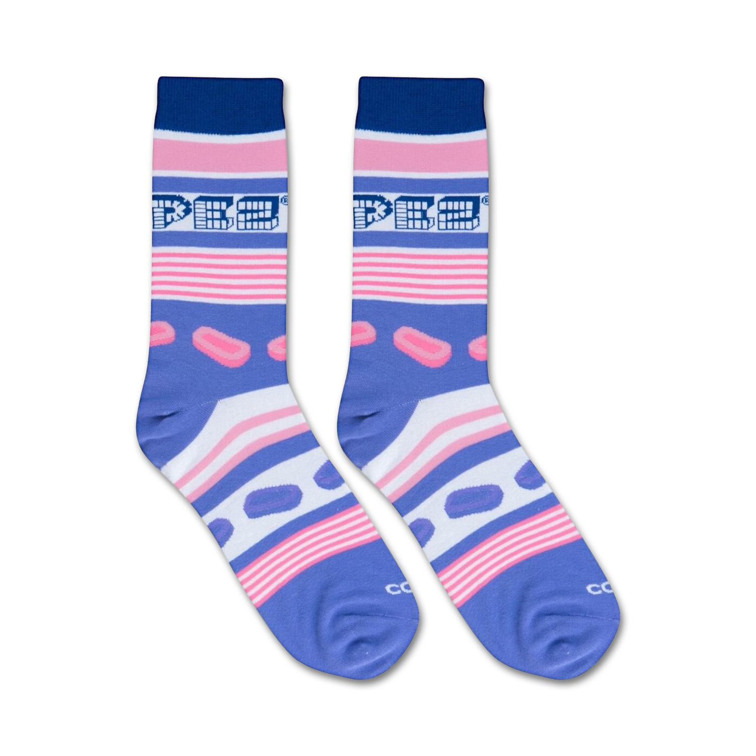 Flatlay showcasing a pair of Pez-themed crew socks with pink, white, and blue stripes.