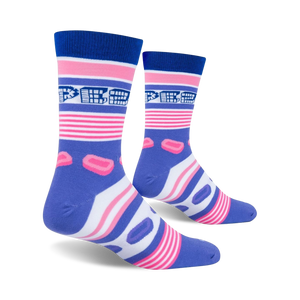 A blue sock with pink and white stripes and a repeating pattern of light blue cartoon lips.