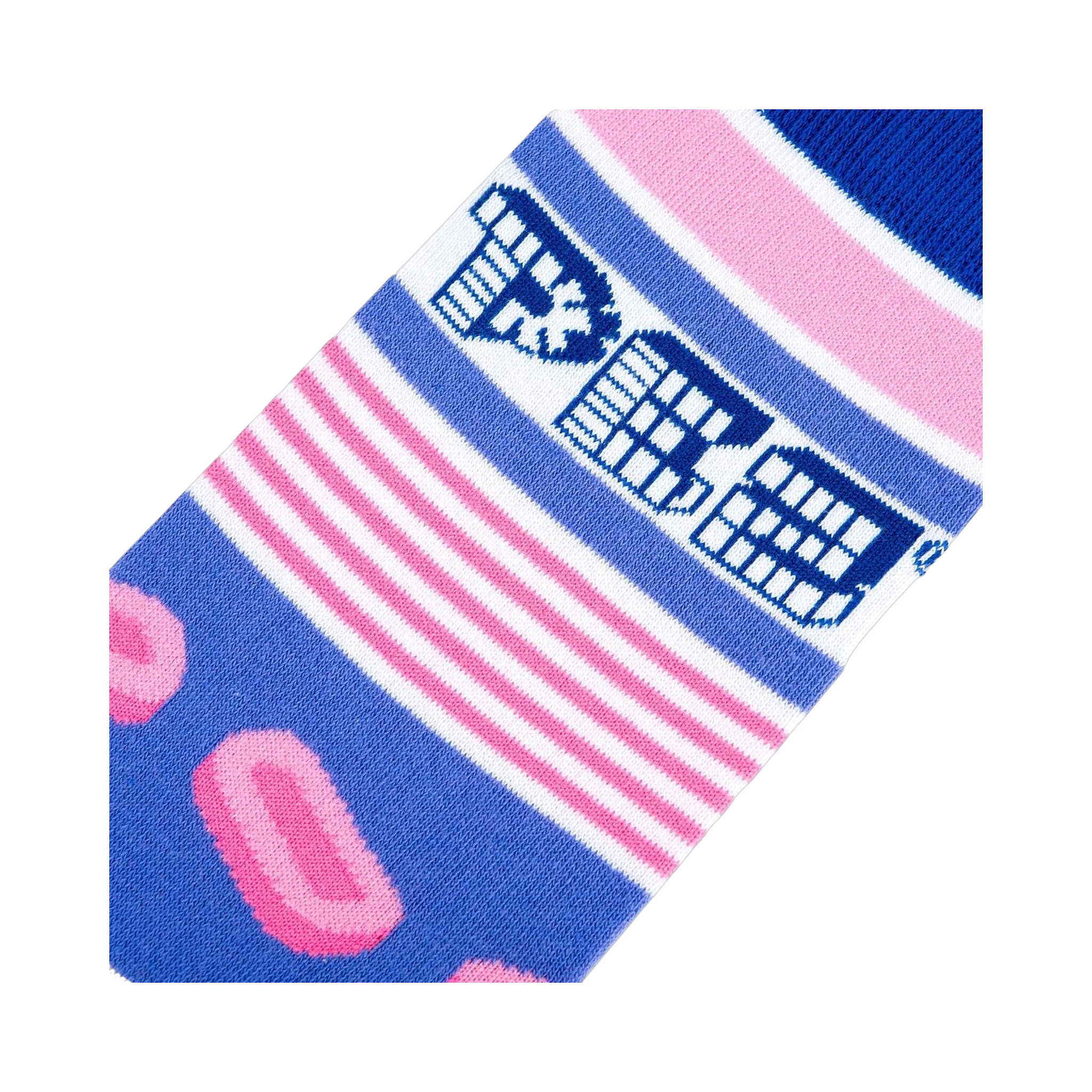 Close-up detail shot of the Pez candy and stripe pattern on the sock fabric.