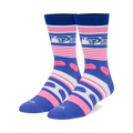 Pair of crew socks in purple, pink, and white, featuring a horizontal stripe pattern and Pez candy dispenser graphics.