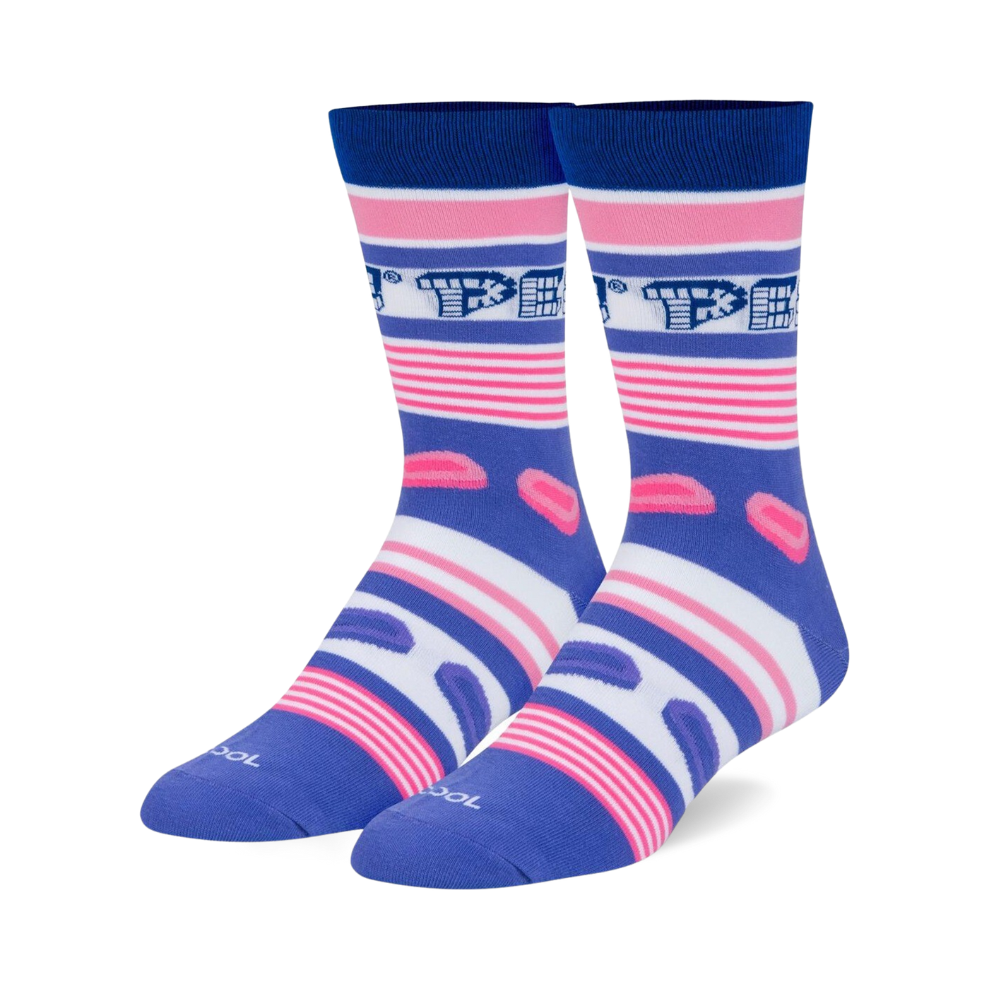 Pair of crew socks in purple, pink, and white, featuring a horizontal stripe pattern and Pez candy dispenser graphics.
