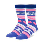 Pair of crew socks in purple, pink, and white, featuring a horizontal stripe pattern and Pez candy dispenser graphics.