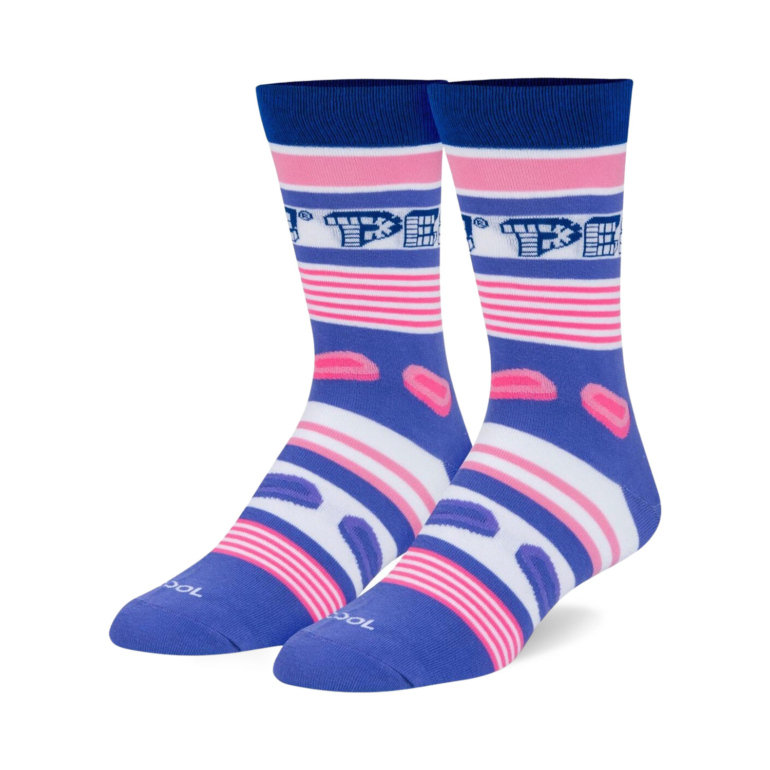 Pair of crew socks in purple, pink, and white, featuring a horizontal stripe pattern and Pez candy dispenser graphics.